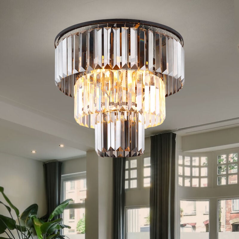 Lustre plafonnier lampe de salon lampe de salle à manger, métal cristaux de verre fumé, 3x led 7W 806Lm blanc chaud, d 40 cm