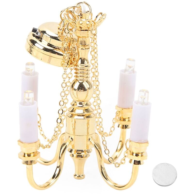 Sjlerst - Lustre pour maison de poupée, échelle 1/12, fonctionne à piles, plafonnier miniature à 4 têtes, doré