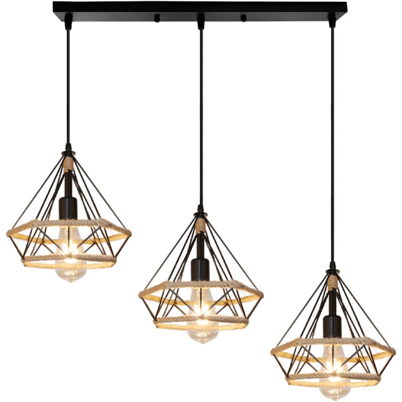 Lustre Rétro à 3 Lumières Plafonnier Diamant Suspension Luminaire En Corde De Chanvre Noire Pour Bureau, Couloir, Restaurant, Loft, Bar, Café, 25Cm