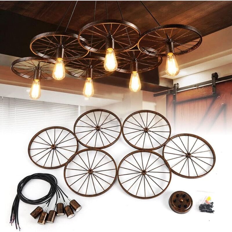 Lustre rétro avec roue en métal à 6 ampoules E27 bronze pour bar, hôtel, café - Suspension vintage