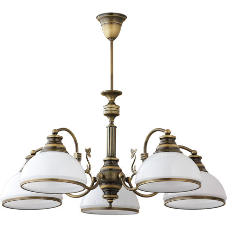 Lustre rétro laiton patiné 5xE27 globes blancs Zeus