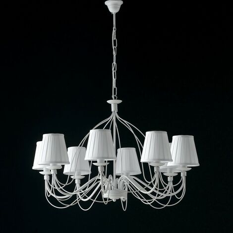 Lustre Shabby en fer blanc huit lumières abat-jour blancs 83x h49 cm