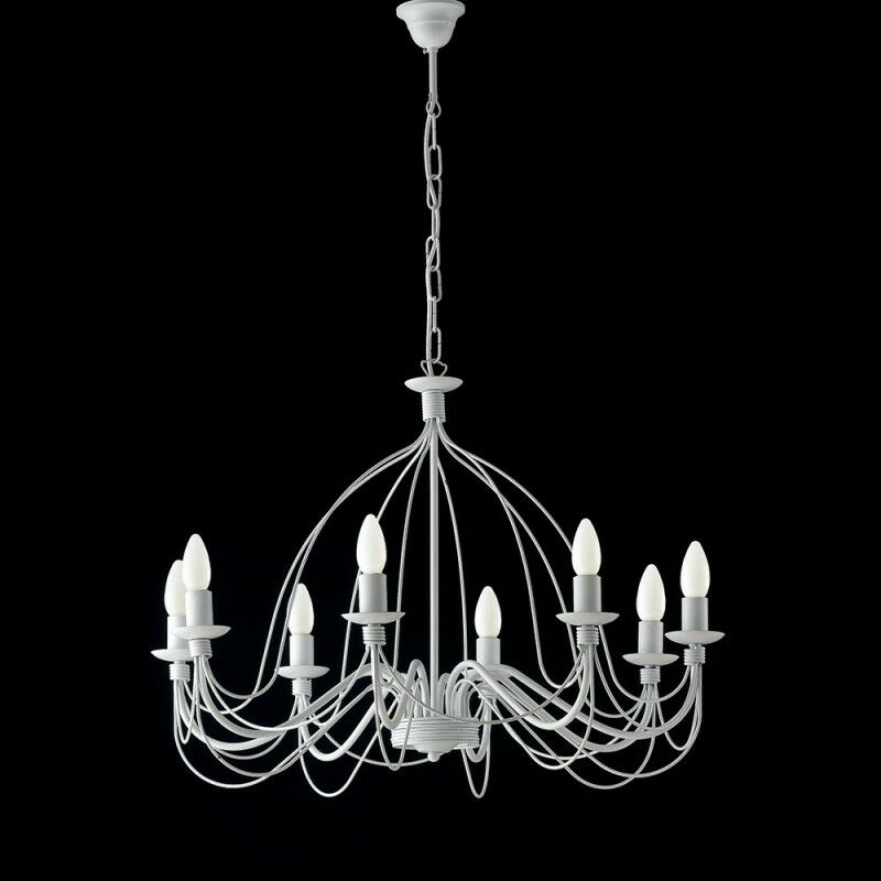 Lustre Shabby en fer blanc huit lumières 75x h49 cm Lustre Shabby en fer blanc huit lumières 75x h49 cm