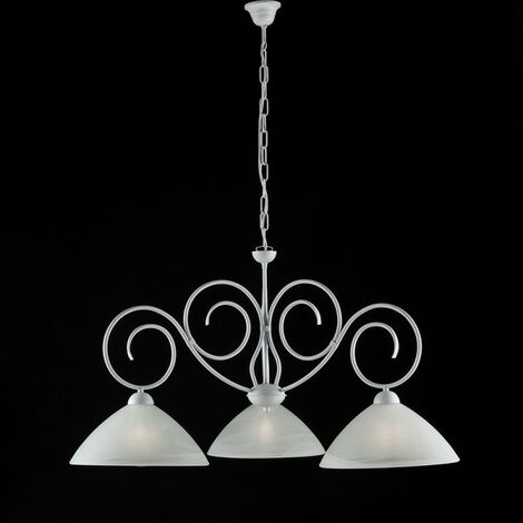 Lustre Shabby en fer blanc trois lumières abat-jour en verre blanc 78x h54 cm