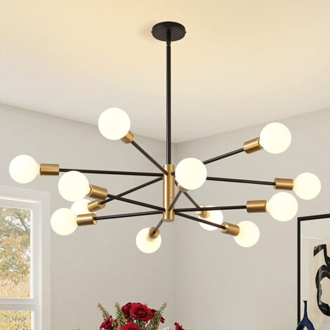 Lustre Spoutnik moderne, suspension vintage 12 lumières, plafonnier industriel rétro, lustre noir et doré, 3 températures de couleur (avec ampoules)