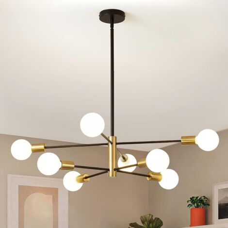 Lustre Spoutnik moderne, suspension vintage 8 lumières, plafonnier industriel rétro, lustre noir et doré, 3 températures de couleur (avec ampoules)