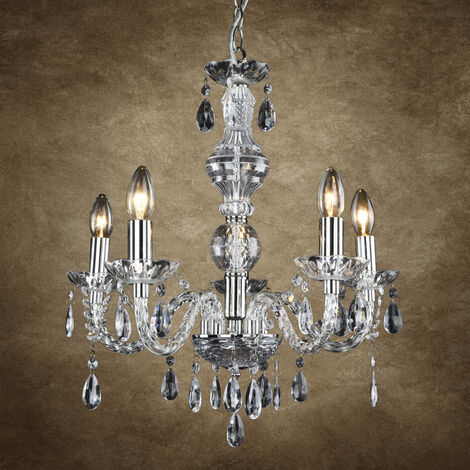 Lustre suspendu 5 flammes E14 – Design candélabre en métal chrome – Hauteur 150 cm – Diamètre 52 cm – Éclairage efficace – Lux.Pro