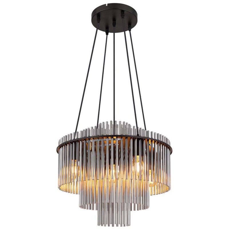 Lustre à baguettes en verre fumé clair Lampe de salle à manger Lustre Lampe de salon verre fumé, métal noir, 5x douille E27, DxH 50x120 cm