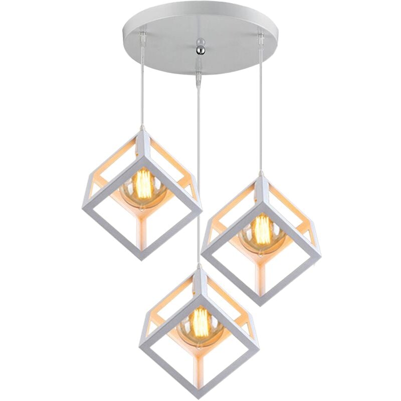 Lustre - Suspension 3 Douille Lampe Suspendue Design Cage Cube en Métal Blanc