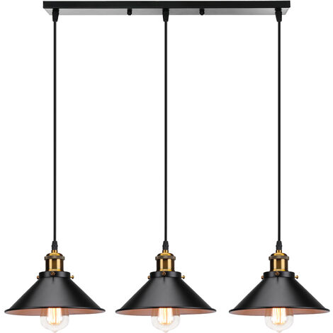 Lustre Suspension 3 Lampes en Barre E27 22cm Pendentif Luminaire Corde Ajustable Noir et Blanc