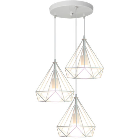 Lustre Suspension 3 Lampes en Disque E27 25cm Blanc Suspension Cage Diamant en Métal Luminaire pour Chambre Couloir Sallon