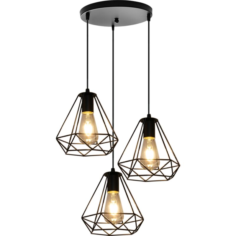 Lustre Suspension 3 Lampes en Metal E27 200mm Noir