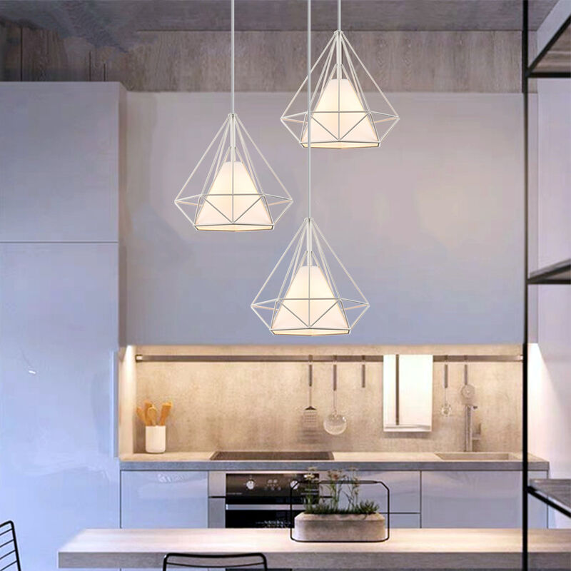 Lustre - suspension 3 Lumieres Abat-jour Metal Lampe Suspension Luminaire E27 25cm Blanc