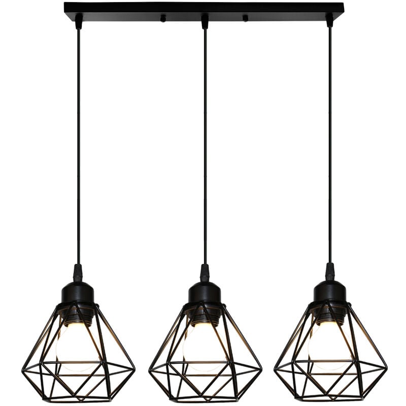 Lustre Suspension 3 Lumières Cage Diamant en Métal E27 Lampe Suspension Noir