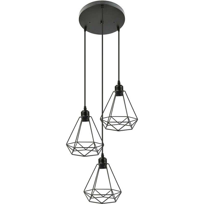 Dazhom - Lustre Suspension 3 Lumieres Cage en forme Diamant Lampe Plafonnier Corde Ajustable Luminaire pour Cuisine Couloir Bar Chambre