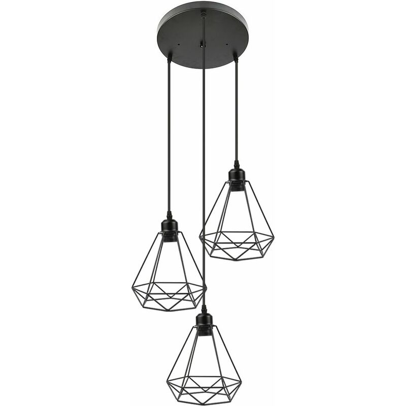 Lustre Suspension 3 Lumieres Cage en forme Diamant Lampe Plafonnier Corde Ajustable Luminaire pour Cuisine Couloir Bar Chambre - Noir