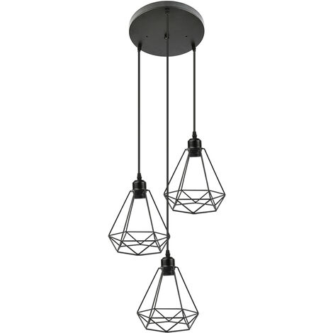 Lustre Suspension 3 Lumieres Cage en forme Diamant Lampe Plafonnier Corde Ajustable Luminaire pour Cuisine Couloir Bar Chambre - Noir