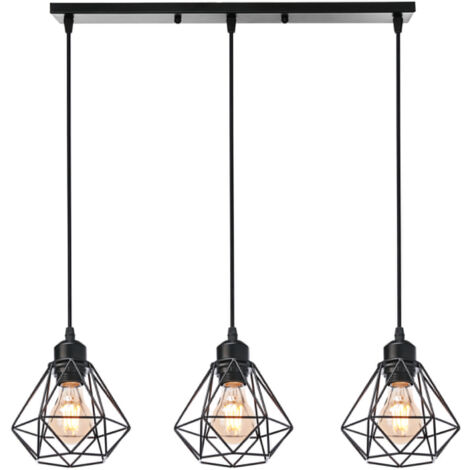 Lustre Suspension 3 Lumières E27 Lampe Industriel en Forme Diamant pour Chambre Couloir Bar