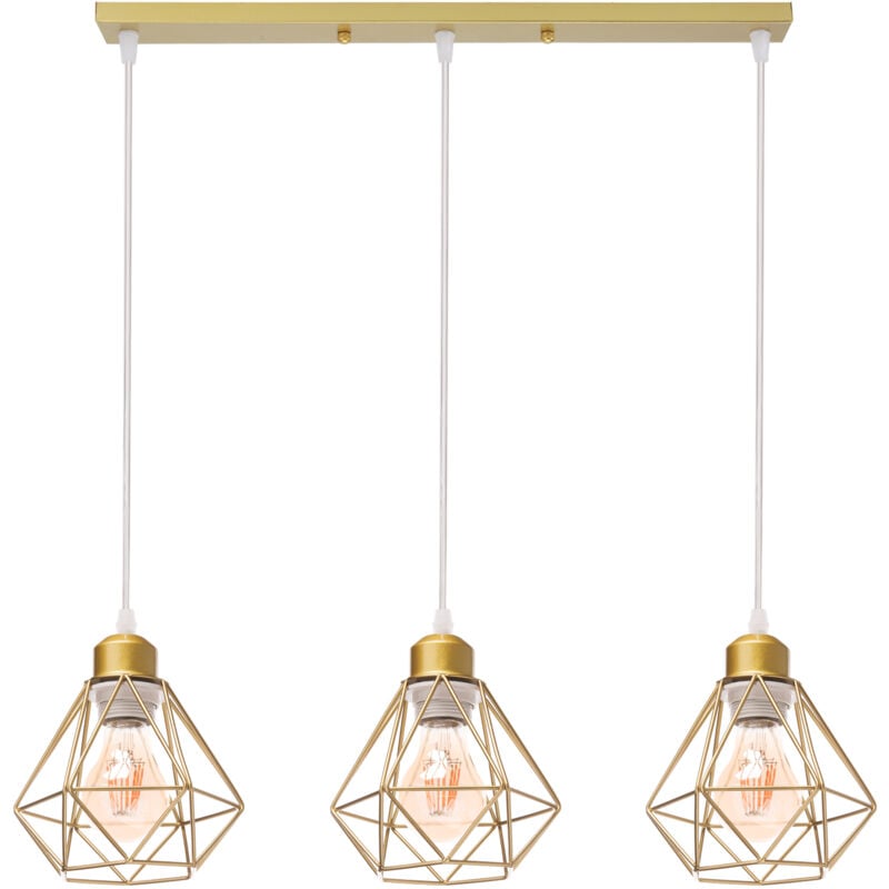 Wottes - Lustre Suspension Industrielle Plafonnier Abat-jour Forme Diamant 3 Lampes Suspension Vintage Métal Ø16CM - Or