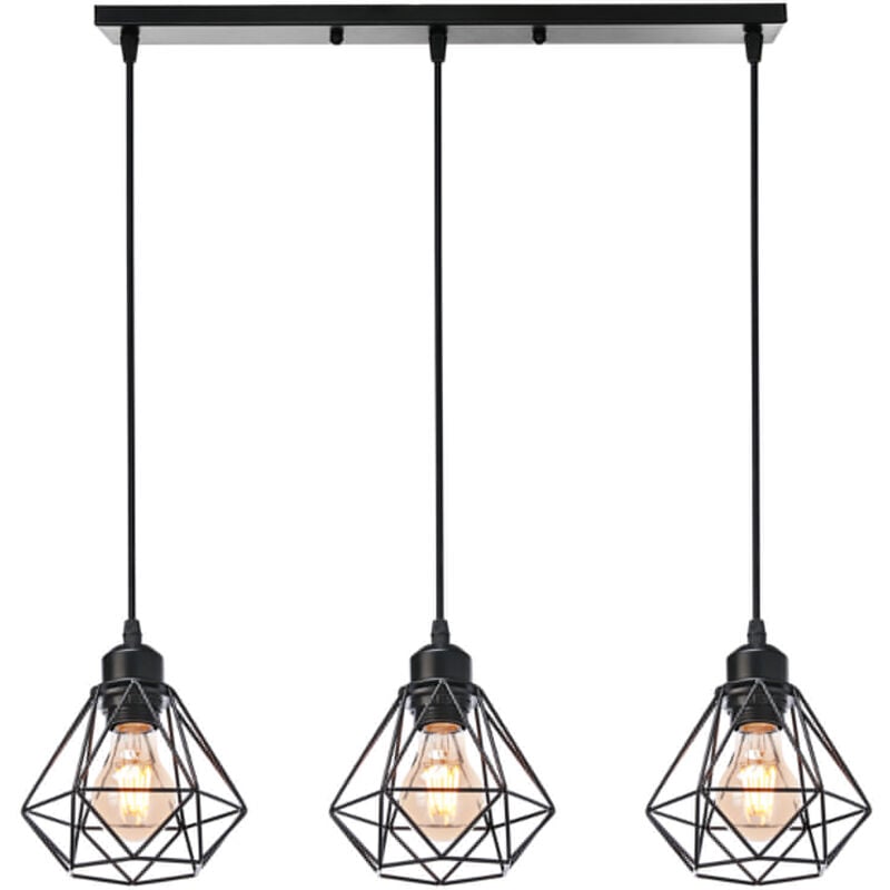 Wottes - Lustre Suspension Industrielle Plafonnier Abat-jour Forme Diamant 3 Lampes Suspension Vintage Métal Ø16CM - Noir