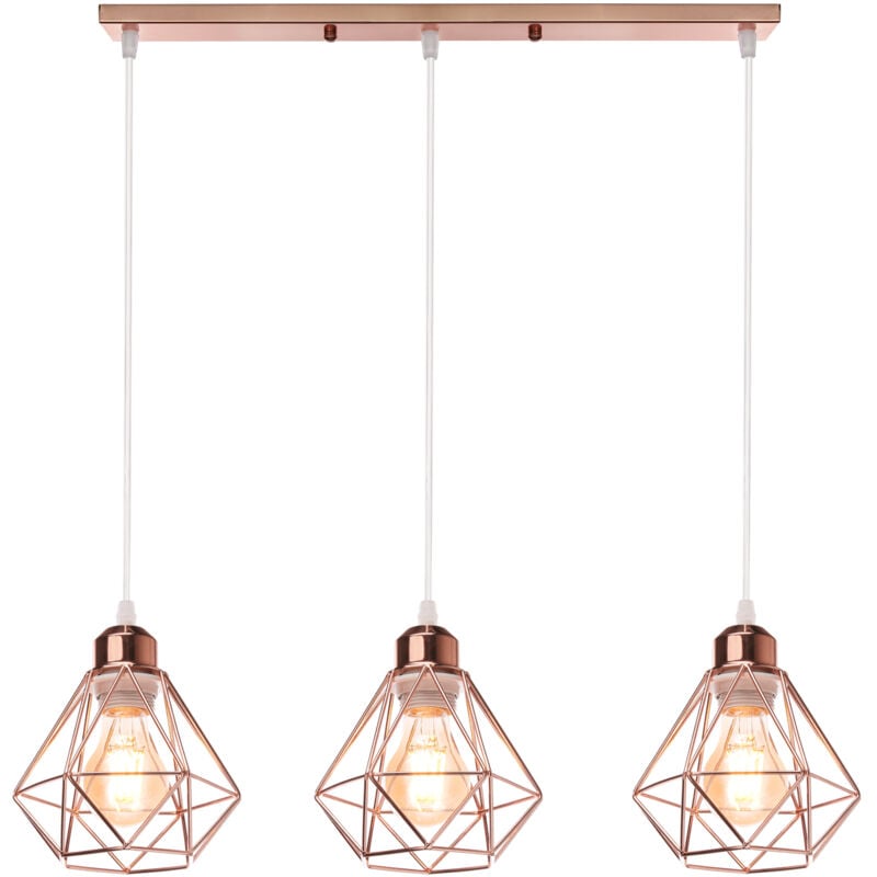 Wottes - Lustre Suspension Industrielle Plafonnier Abat-jour Forme Diamant 3 Lampes Suspension Vintage Métal Ø16CM - Rose
