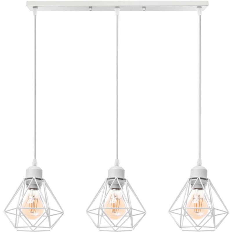 Lustre Suspension Industrielle Plafonnier Abat-jour Forme Diamant 3 Lampes Suspension Vintage Métal Ø16CM - Blanc