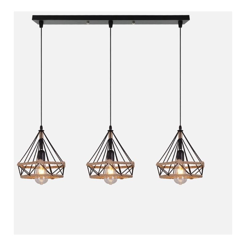 Lustre Suspension 3 Lumières en Corde de Chanvre E27 Lampe de Suspension pour Salon Couloir Cuisine Noir