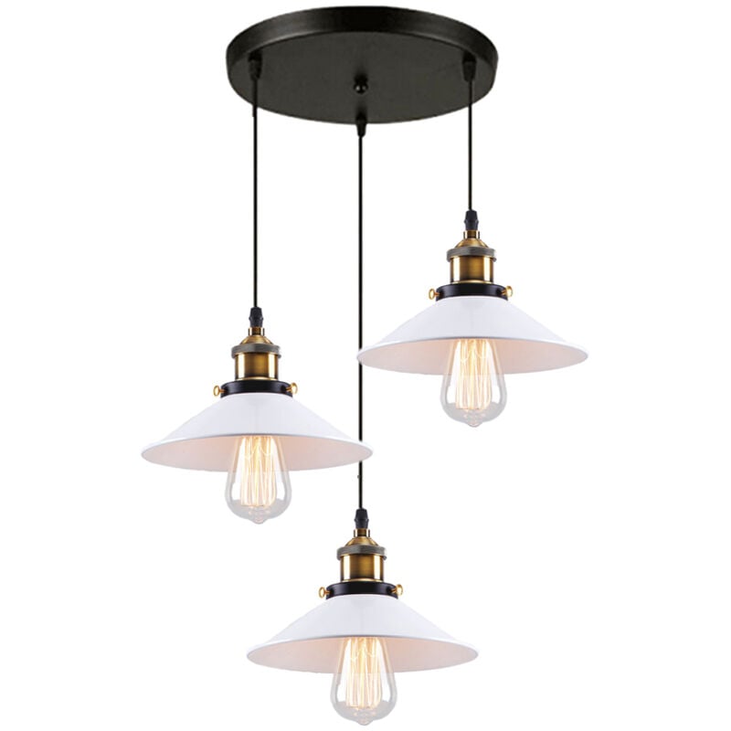 Wottes - Lustre Suspension Vintage Industriel E27 Lampe à Suspension Abat-jour de Chapeau Lustre Plafonnier Intérieur 3 Luminaires - Blanc + Noir