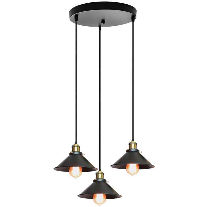 Wottes - Lustre Suspension Vintage Industriel E27 Lampe à Suspension Abat-jour de Chapeau Lustre Plafonnier Intérieur 3 Luminaires - Noir