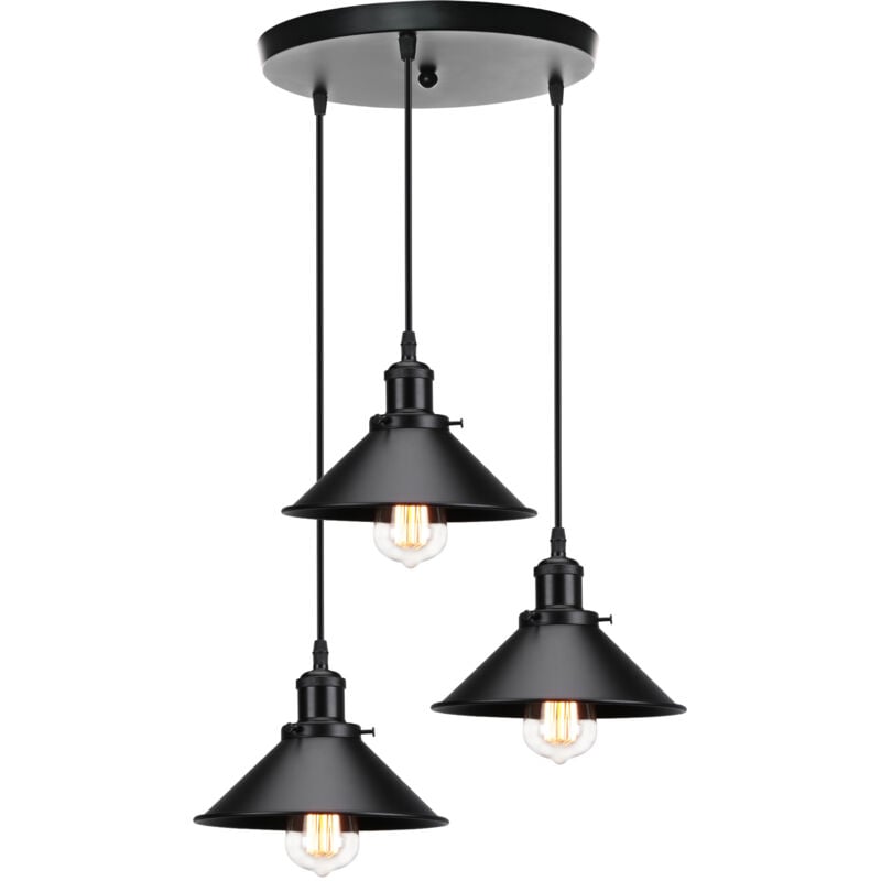 Wottes - Lustre Suspension 3 Luminaires Abat-jour de Chapeau Plafonnier Vintage Industriel E27 pour Chambre Café Bar Tout Noir