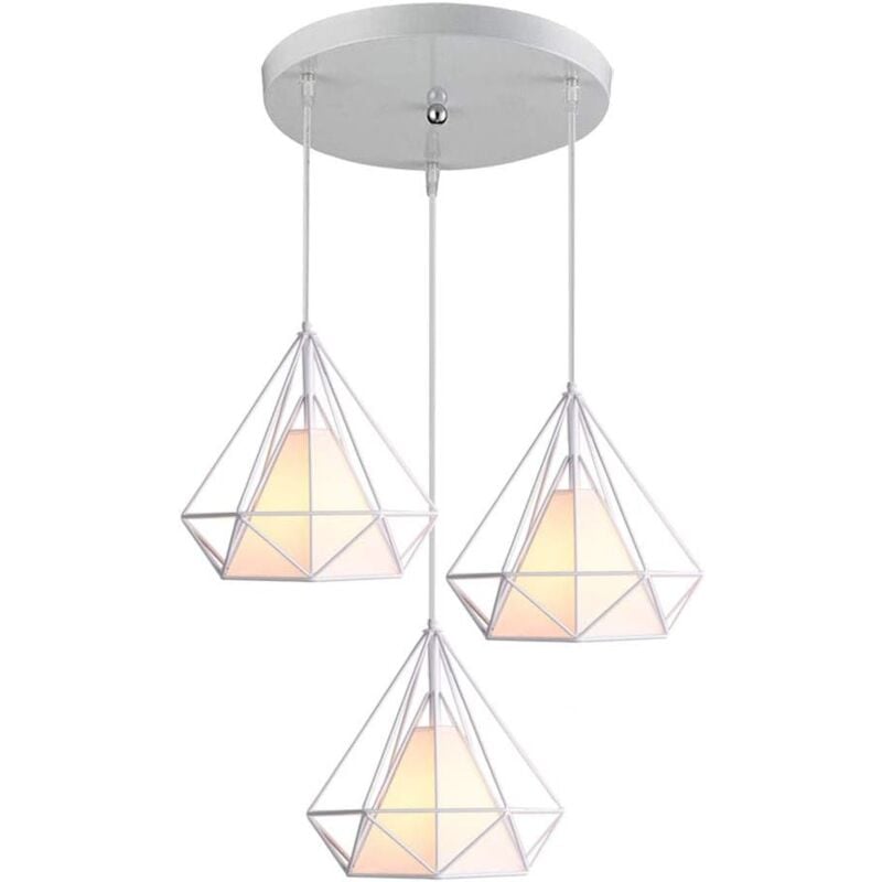 Lustre Suspension Cage en Forme Diamant Moderne Lampe Plafonnier Corde Ajustable Luminaire pour Salon Chambre Bar - Blanc