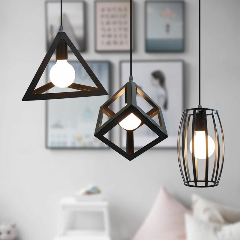 Lustre Suspension 3 Tete en Metal E27 40W Noir