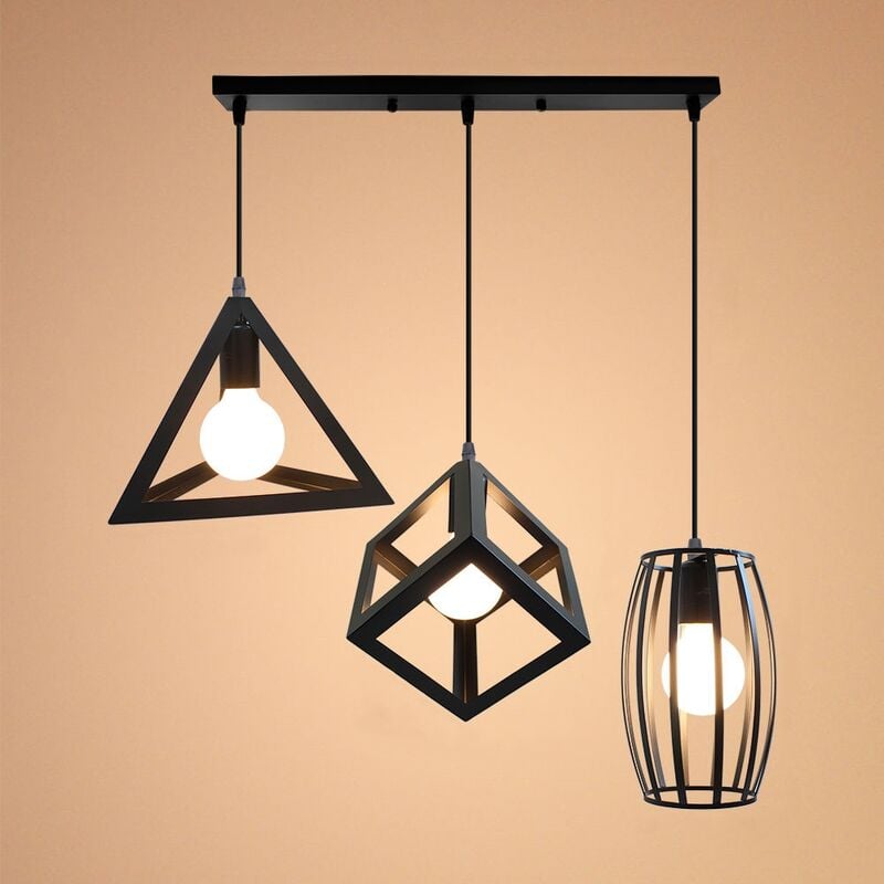 Wottes - 3 Lampes Suspension en Forme Géométrie Métal E27 Plafonnier Industriel avec Base Rectangulaire pour Chambre Salon Noir