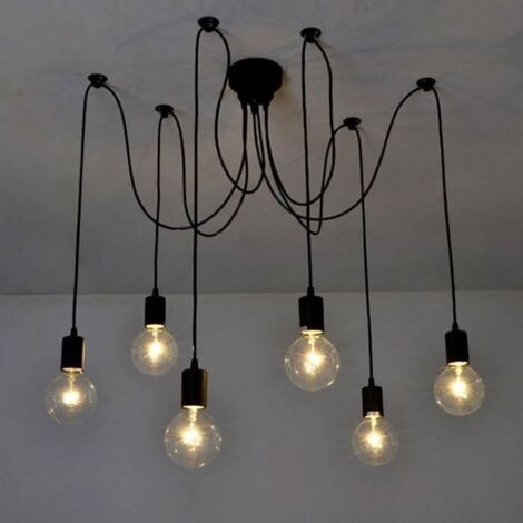 Lustre Suspension 6 Bras E27 Noir Réglable 2m Industriel Salon Salle À Manger