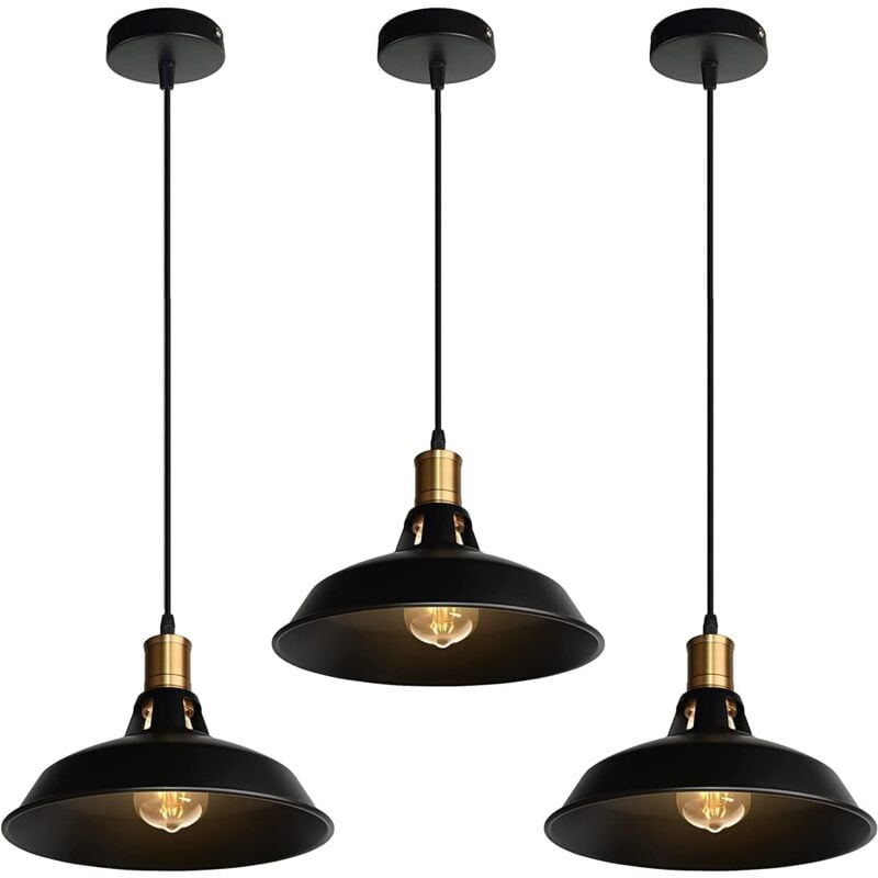 Lustre Suspension Industrielle Vintage Luminaire Plafonnier Abat-jour en Métal Lampe à Suspension Ajustable E27 Ø27CM Noir - 3Pcs
