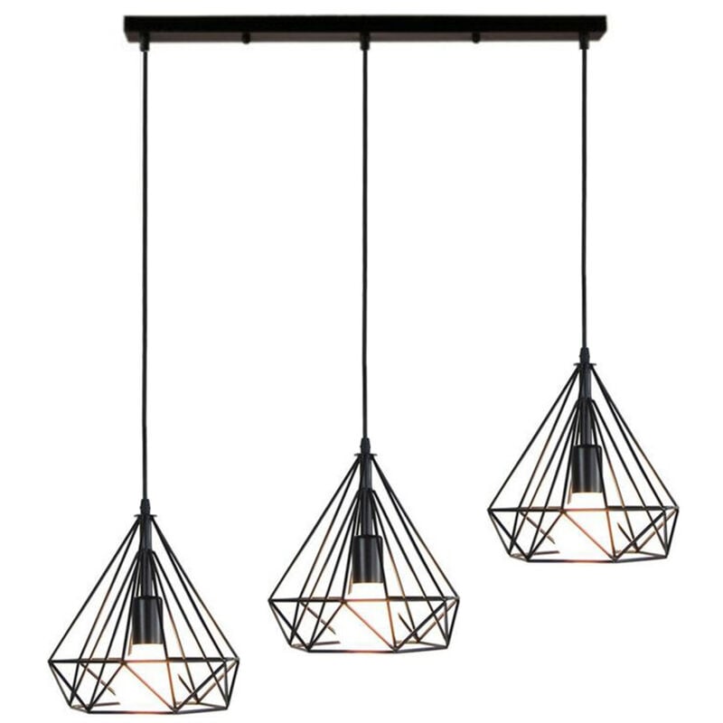 Wottes - E27 Lustre Suspension Vintage Plafonnier Luminaire Intérieur Lampe de Suspension Forme Diamant Métal 3 Lampes - Noir
