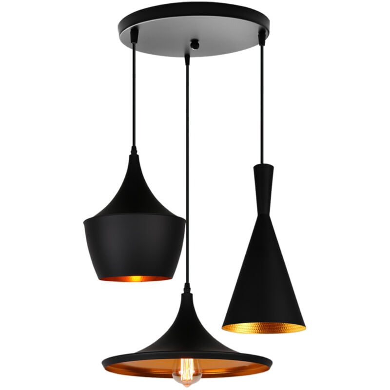 Wottes - E27 Lustre Suspension Rétro Suspension Luminaire Métal Plafonnier Lamp Intérieur 3 Lumières pour Cuisine Chambre Café Restaurant - Noir