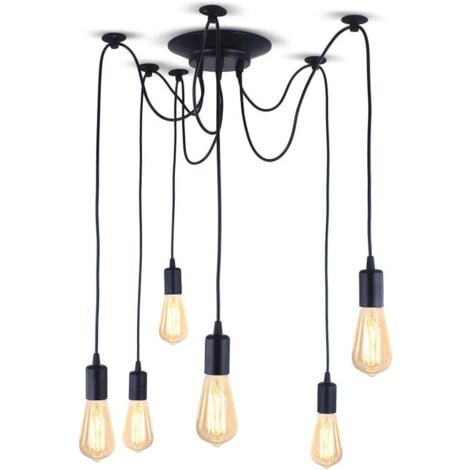 Lustre Suspension Araignée DIY Ajustable Plafonnier E27 1,5m Fil 6 Têtes Style Vintage Noir pour Salon Chambre