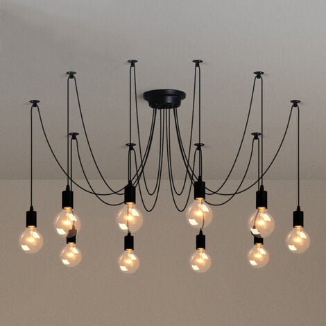 Lustre Suspension Araignée DIY Ajustable Plafonnier E27 2m Fil 12 Têtes Style Vintage Noir pour Salon Chambre