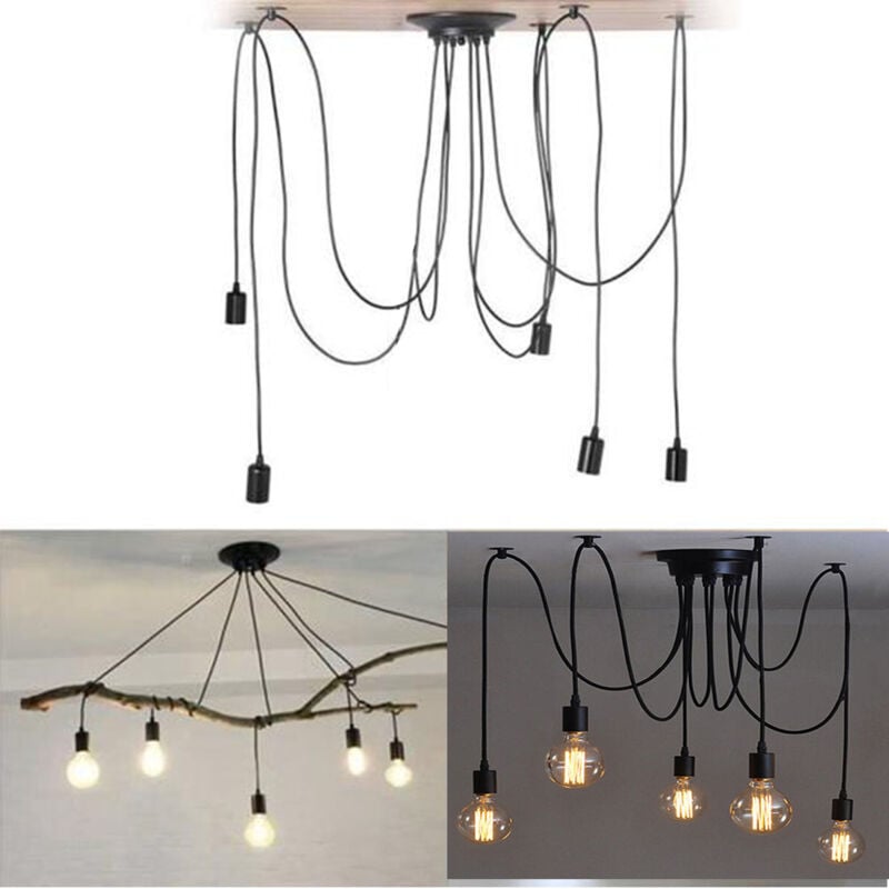 Plafonnier Vintage Antique E27 Lustre Rétro Suspension Luminaire D'Intérieur 5 Têtes Noire