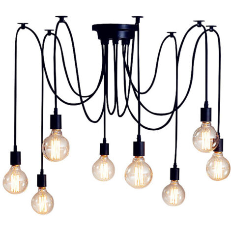 Lustre Suspension Araignee E27 Douille Rétro Industriel abat-jour Noir, DIY Ajustable Longueur avec 2.0m Fil, 8 bras (Non ampoule)