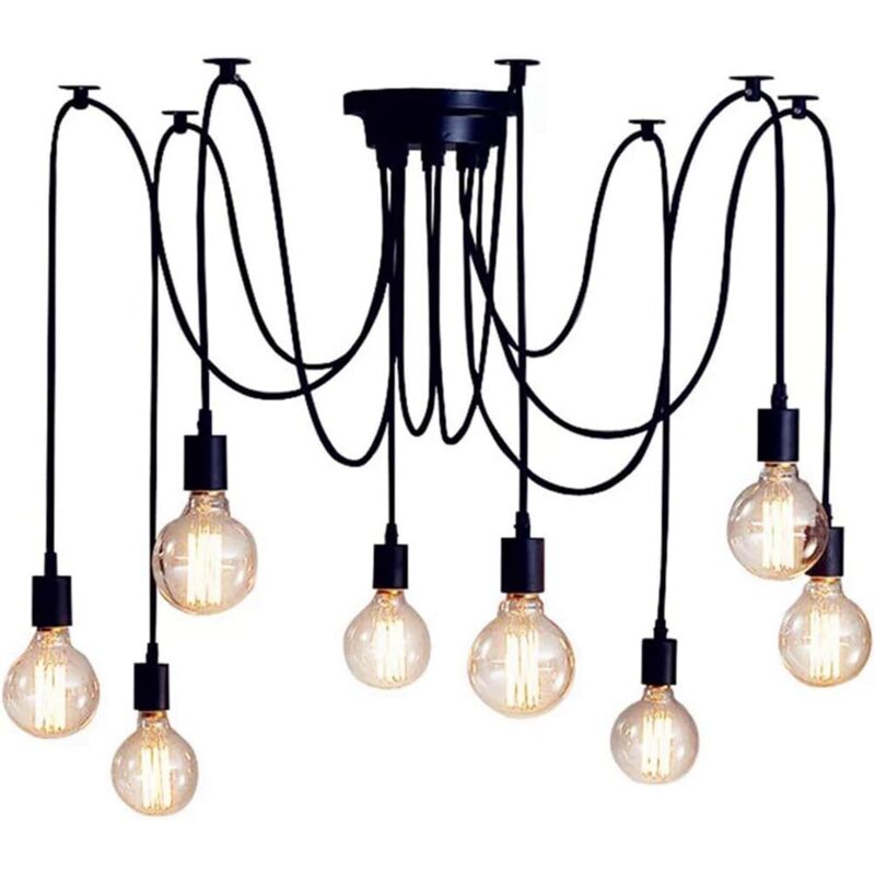 Lustre Suspension Araignee Design Industriel, Rétro Douille E27 Têtes Éclairage Lumières Plafonniers sans Ampoule Noir, DIY Corde Ajustable - 2.0m