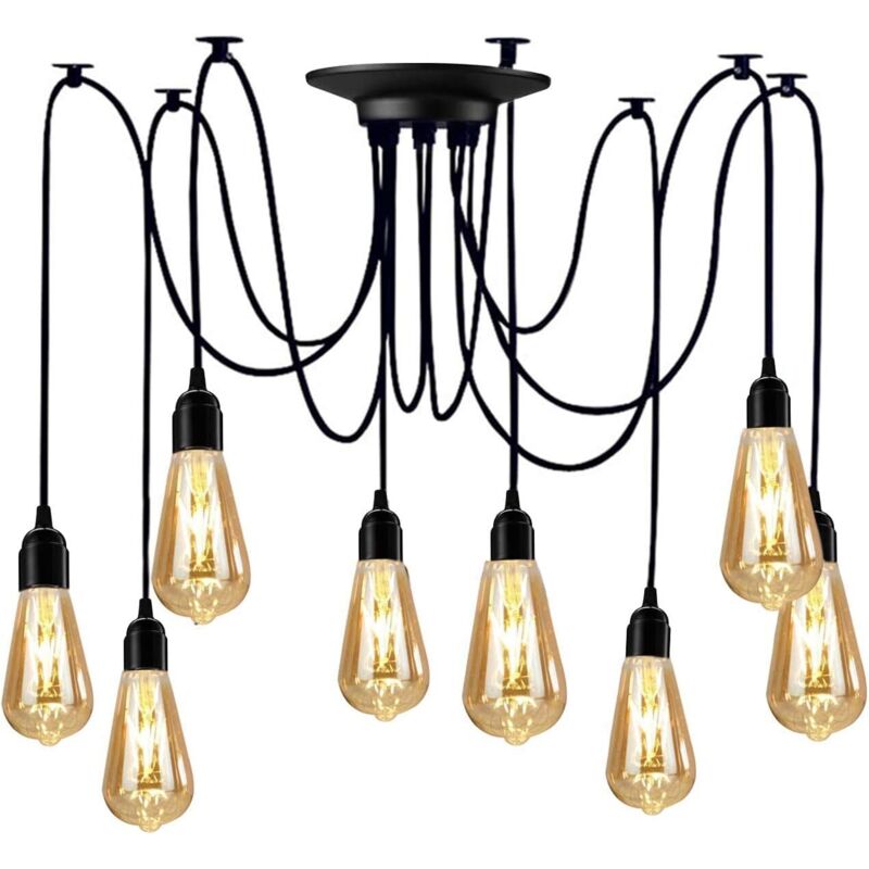 Lustre Suspension Araignee Design Industriel, Rétro Douille E27 Têtes Éclairage Lumières Plafonniers sans Ampoule Noir, DIY Corde Ajustable - 1.5m