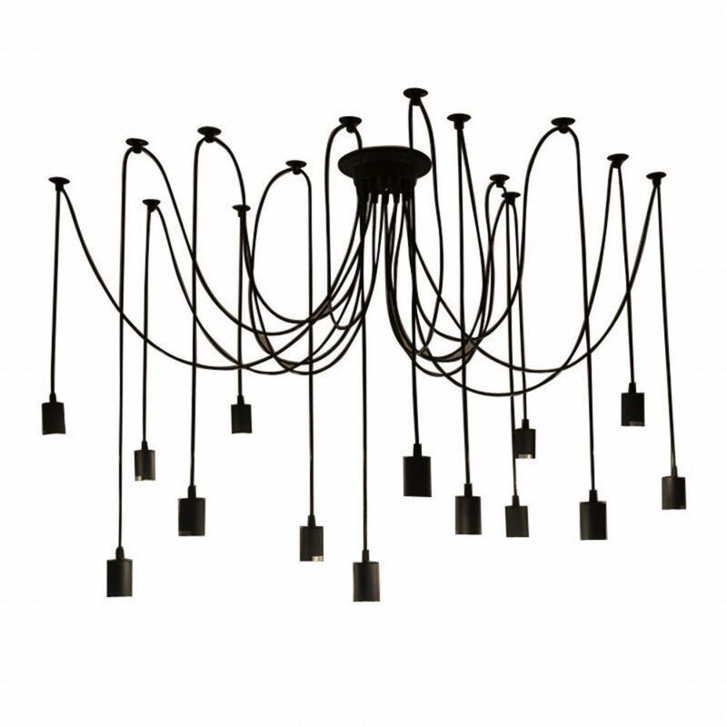 Lustre Suspension Araignee Design Industriel, Rétro Douille E27 Têtes Éclairage Lumières Plafonniers sans Ampoule Noir, DIY Corde Ajustable - 2.0m