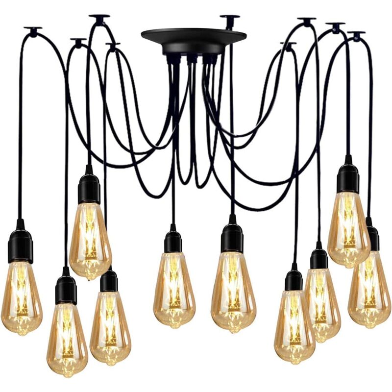 Lustre Suspension Araignee Design Industriel, Rétro Douille E27 Têtes Éclairage Lumières Plafonniers sans Ampoule Noir, DIY Corde Ajustable - 2.0m