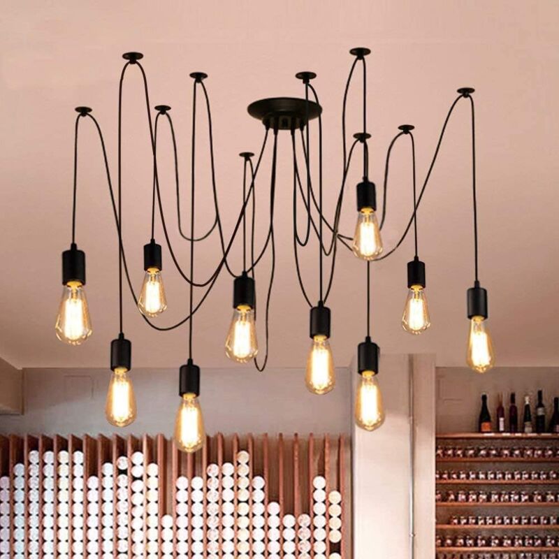 Lustre Suspension Araignee Design Industriel, Rétro Douille E27 Têtes Éclairage Lumières Plafonniers sans Ampoule Noir, DIY Corde Ajustable - 1.5m