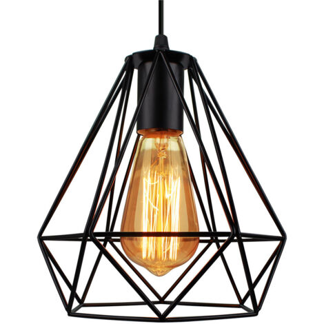 Lustre suspension cage design diamnt en métal fer 20cm, luminaire abat jours retro industriel E27 Edison , Noir