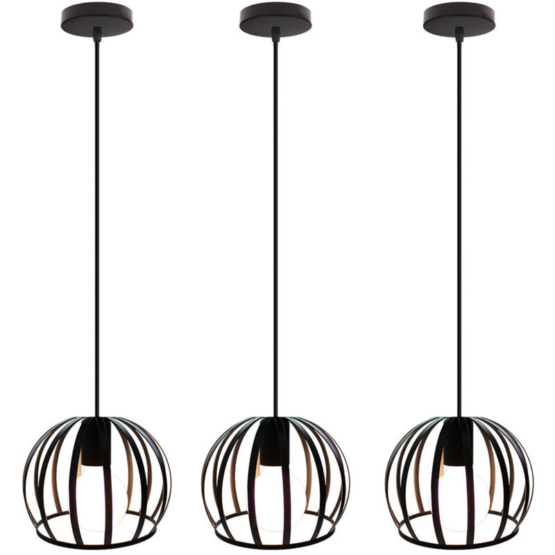 Wottes - Lustre Suspension Industrielle Cage Métal Luminaire Plafonnier Créatif Ronde E27 pour Salon Chambre Bar Noir - 3Pcs