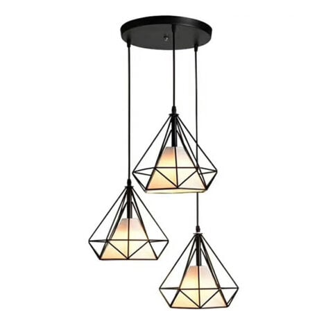 STOEX Lustre Suspension Cage forme Diamant 25cm Corde Ajustable avec Support Disque Rond 3 Lampe E27 Luminaire , Noir