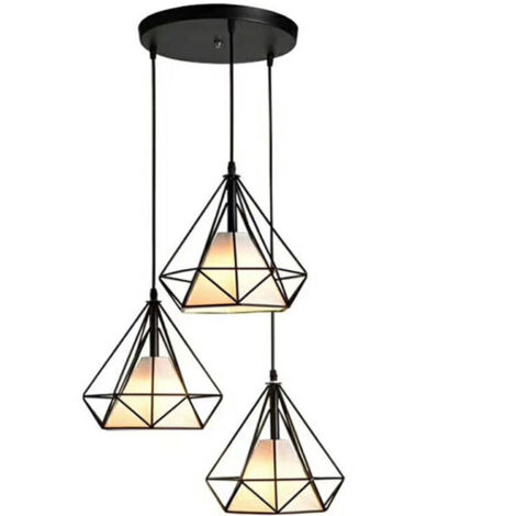 Lustre Suspension Cage forme Diamant 25cm Corde Ajustable avec Support Disque Rond 3 Lampe E27 Luminaire , Noir